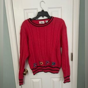 Justin B. Jones ribbed pink cable knit sweater with beautiful embroidered flower